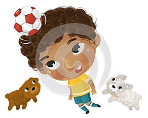 cartoon scene with kid playing running sport ball soccer football - illustration for children