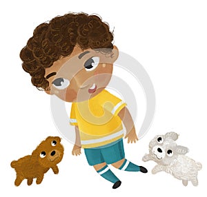 cartoon scene with kid playing running sport ball soccer football - illustration for children