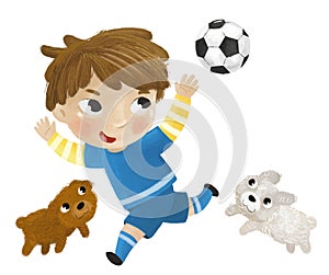 cartoon scene with kid playing running sport ball soccer football - illustration for children