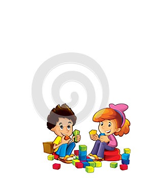 Cartoon scene with kids having fun with colorful blocks on white background - illustration