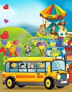 Cartoon scene of kids playing in the funfair and school bus on the trip