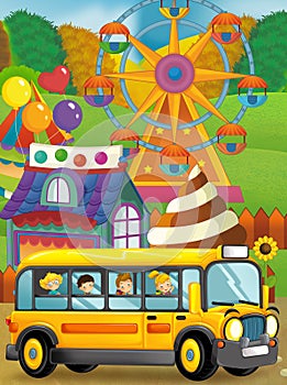 Cartoon scene of kids playing in the funfair and school bus on the trip