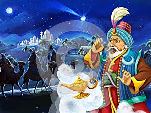 Cartoon scene with king looking at three riders on camels by night
