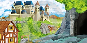 Cartoon scene with kingdom castle and farm village near it and hidden mining cave