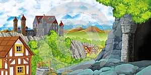 Cartoon scene with kingdom castle and farm village near it and hidden mining cave