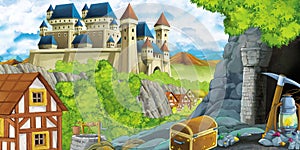 Cartoon scene with kingdom castle and farm village near it and hidden mining cave