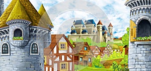 Cartoon scene with kingdom castle and mountains valley near the forest and farm village settlement photo
