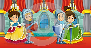 Cartoon scene with knight and lady