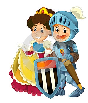 Cartoon scene with knight prince and princess together on white background - illustration