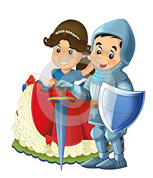 Cartoon scene with knight prince and princess together on white background - illustration