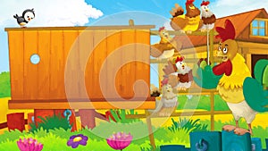 cartoon scene with life on the ranch with different farm animals illustration for children