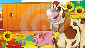 cartoon scene with life on the ranch with different farm animals illustration for children