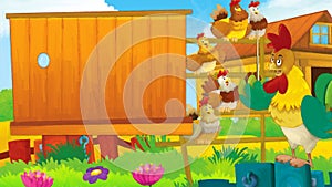 cartoon scene with life on the ranch with different farm animals illustration for children