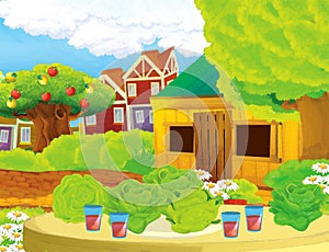 cartoon scene with life on the ranch with different farm animals illustration for children