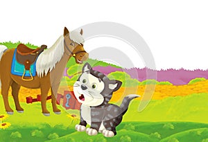 cartoon scene with life on the ranch with different farm animals illustration for children