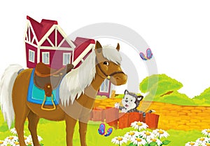 cartoon scene with life on the ranch with different farm animals illustration for children