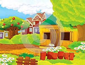 cartoon scene with life on the ranch with different farm animals illustration for children