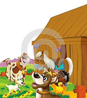 cartoon scene with life on the ranch with different farm animals illustration for children