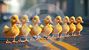 Cartoon scene A line of ducks marching in perfect formation stopping traffic as they cross the road with a determined