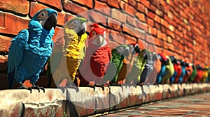 Cartoon scene A line of parrots stand in front of a brick wall one parrot raising a wing to his mouth as he delivers his