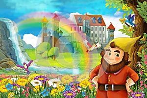 Cartoon scene with little dwarf is standing near beautiful stream rainbow and palace in the background