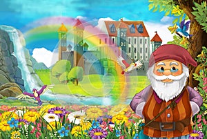 Cartoon scene with little dwarf is standing near beautiful stream rainbow and palace in the background