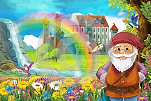 Cartoon scene with little dwarf is standing near beautiful stream rainbow and palace in the background