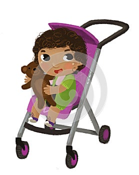 cartoon scene with little girl toddler in baby carriage on white background illustration for kids