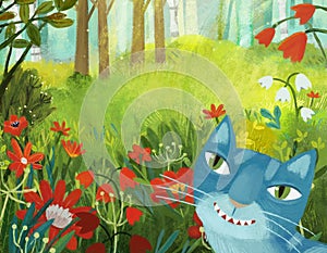 cartoon scene with magical cat with magicaly looking meadow in the forest in sunny day illustration for children