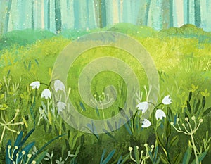 cartoon scene with magicaly looking meadow in the forest in sunny day illustration for children