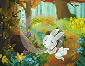 cartoon scene with magicaly looking meadow in the forest in sunny day with rabbit bunny illustration for children