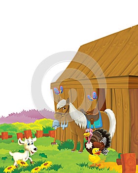 Cartoon scene with many animals having fun on the farm on white background - illustration for children