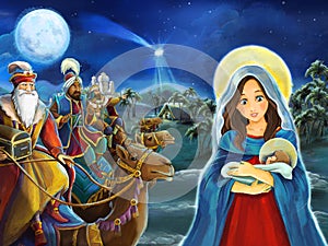 Cartoon scene with Mary and Jesus Christ and traveling kings