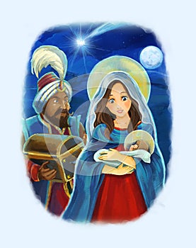 Cartoon scene with Mary and Jesus Christ and traveling kings