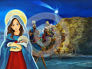 Cartoon scene with Mary and Jesus Christ and traveling kings