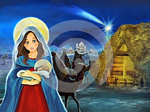 Cartoon scene with Mary and Jesus Christ and traveling kings