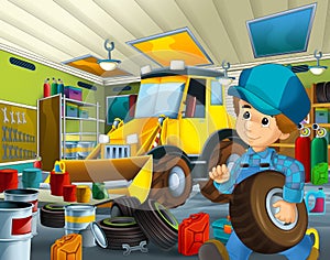 Cartoon scene with mechanic in the garage working