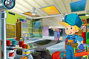 Cartoon scene with mechanic in the garage working