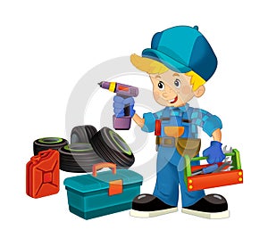 Cartoon scene with mechanic worker with wheels tools and petrol canister - on white backgroud for different usage