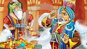cartoon scene with medieval arabic room with treasures and prince and sorcerer - far east ornaments - the stage for different