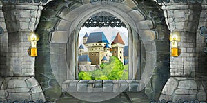 Cartoon scene of medieval castle interior with window with view on some other castle