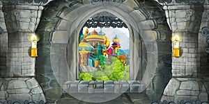 Cartoon scene of medieval castle interior with window with view on some other castle