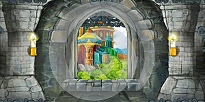 Cartoon scene of medieval castle interior with window with view on some other castle