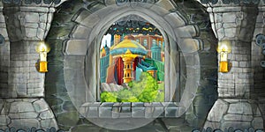 Cartoon scene of medieval castle interior with window with view on some other castle