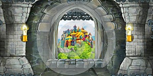 Cartoon scene of medieval castle interior with window with view on some other castle