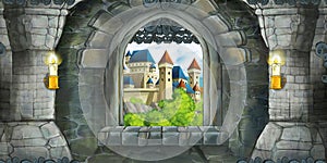 Cartoon scene of medieval castle interior with window with view on some other castle