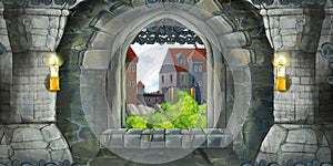 Cartoon scene of medieval castle interior with window with view on some other castle