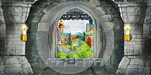 Cartoon scene of medieval castle interior with window with view on some other castle