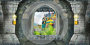 Cartoon scene of medieval castle interior with window with view on some other castle