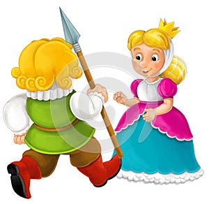 cartoon scene with medieval happy knight king or servant in armor with smiling princess isolated illustration for children